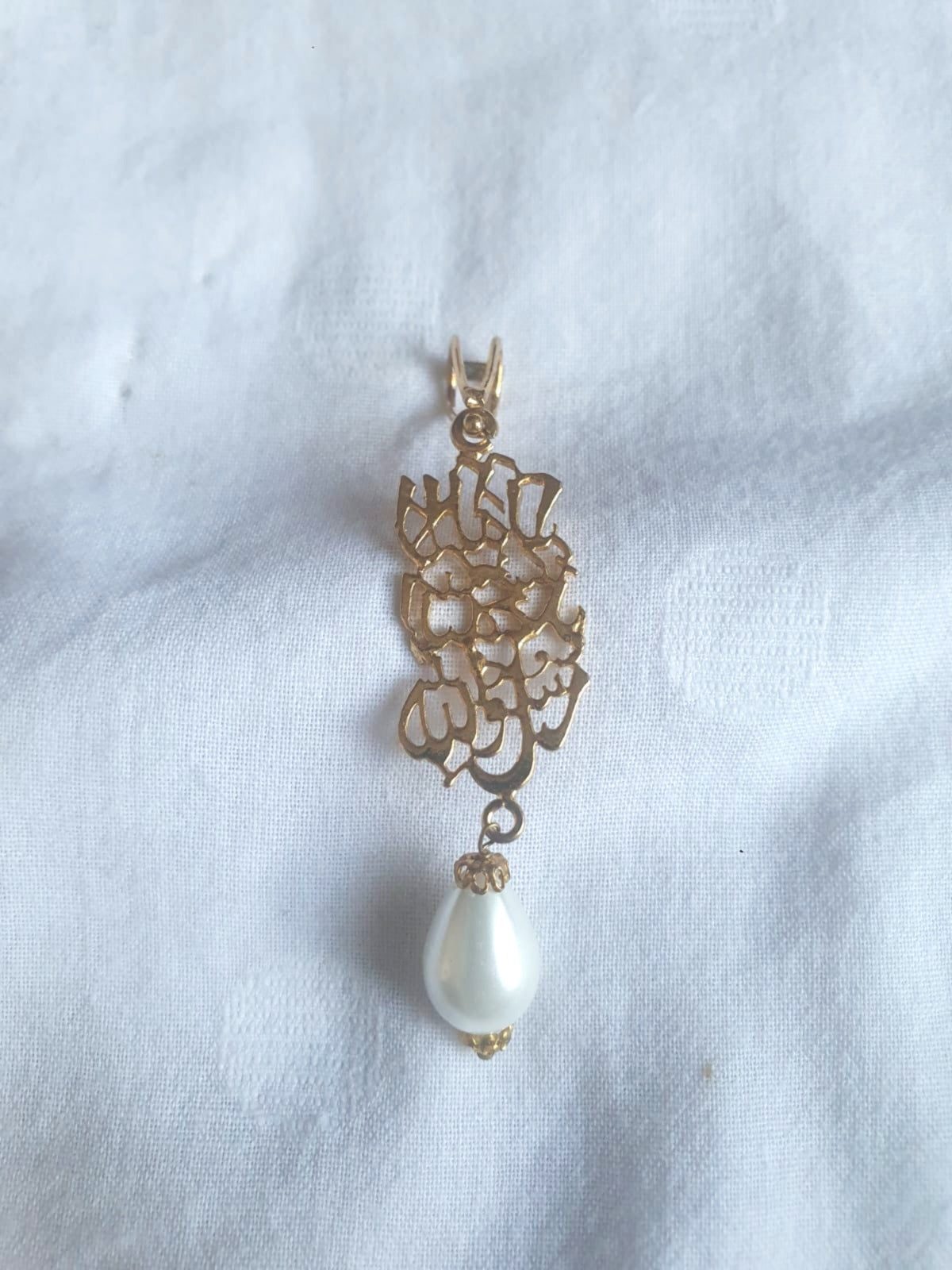 Calligraphy Pendant With a Shell Pearl Drop. Gold Plated.