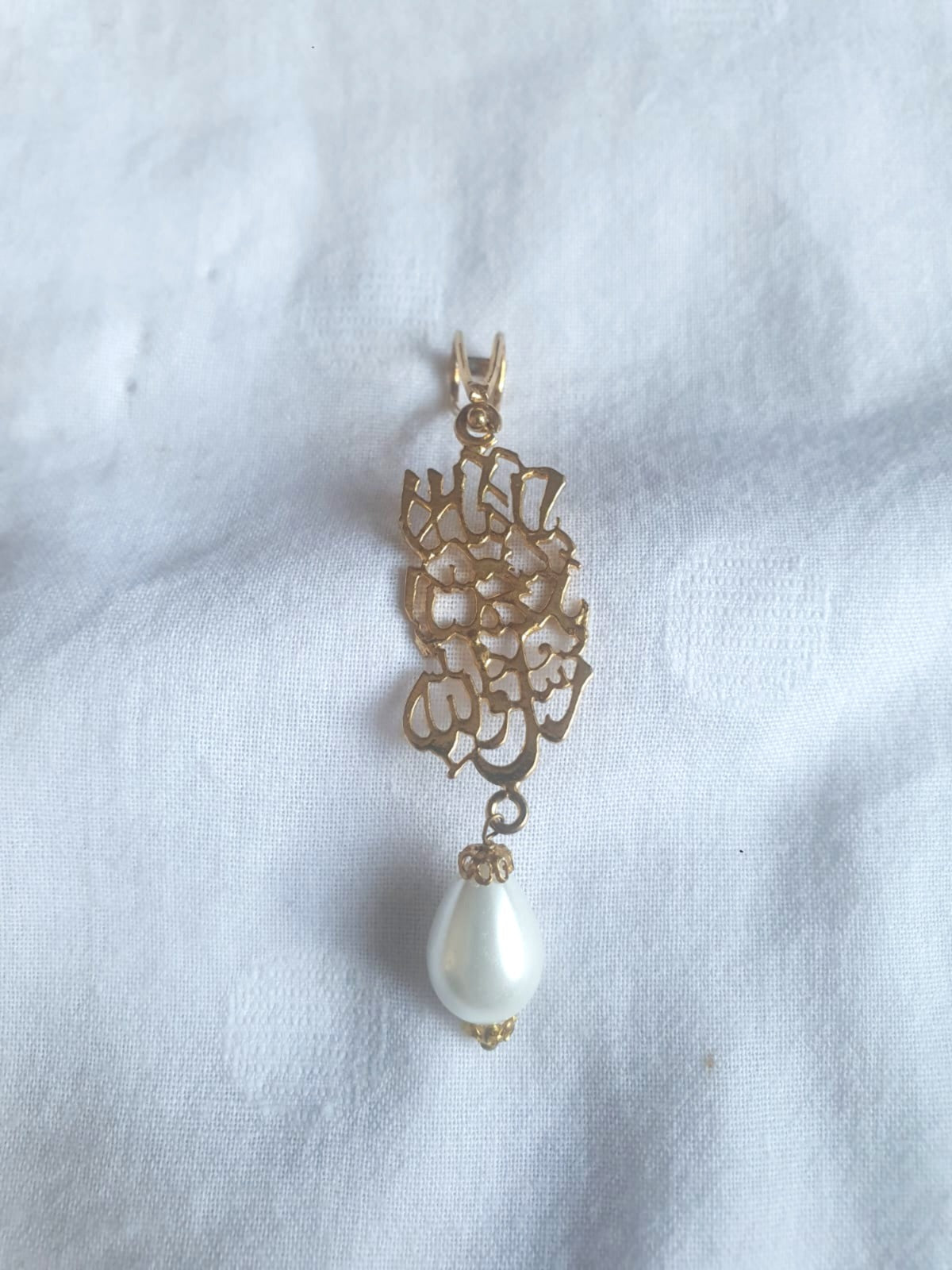 Calligraphy Pendant With a Shell Pearl Drop. Gold Plated.