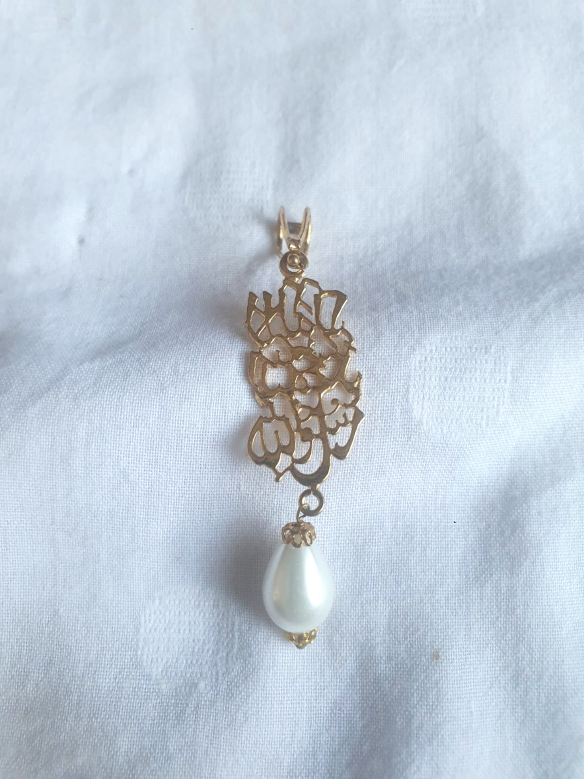 Calligraphy Pendant With a Shell Pearl Drop. Gold Plated.