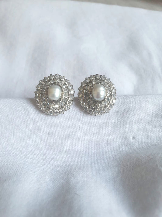 Earrings with an Array of Zircons. Centered Around  Fresh Water Pearls.